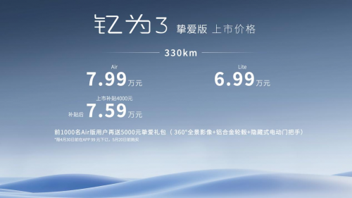 6.99万元起售，江淮钇为3挚爱版上市，最高续航505km